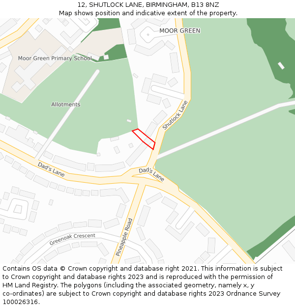 12, SHUTLOCK LANE, BIRMINGHAM, B13 8NZ: Location map and indicative extent of plot