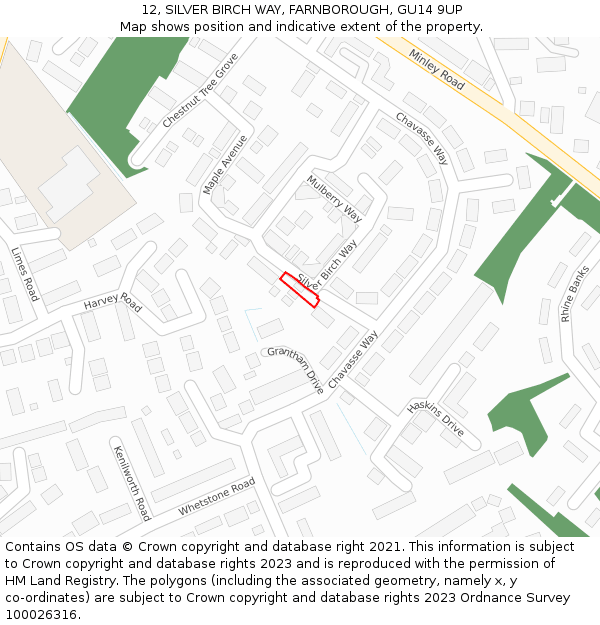 12, SILVER BIRCH WAY, FARNBOROUGH, GU14 9UP: Location map and indicative extent of plot