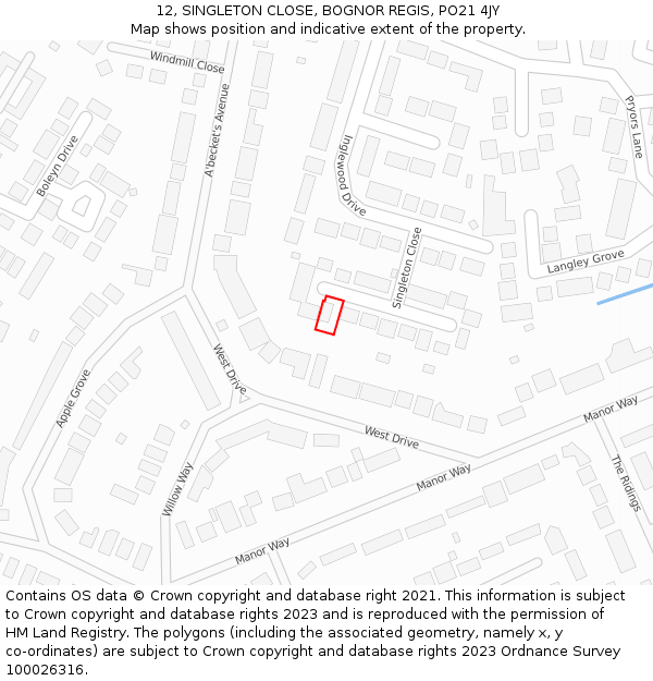 12, SINGLETON CLOSE, BOGNOR REGIS, PO21 4JY: Location map and indicative extent of plot