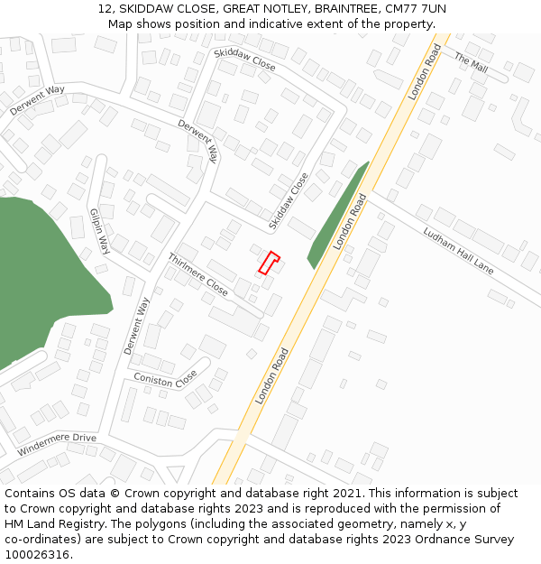 12, SKIDDAW CLOSE, GREAT NOTLEY, BRAINTREE, CM77 7UN: Location map and indicative extent of plot