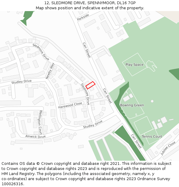 12, SLEDMORE DRIVE, SPENNYMOOR, DL16 7GP: Location map and indicative extent of plot