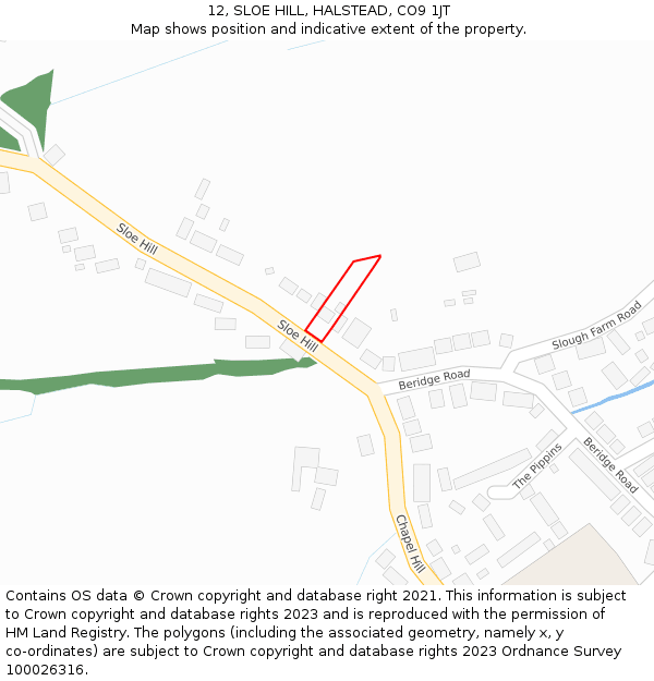 12, SLOE HILL, HALSTEAD, CO9 1JT: Location map and indicative extent of plot