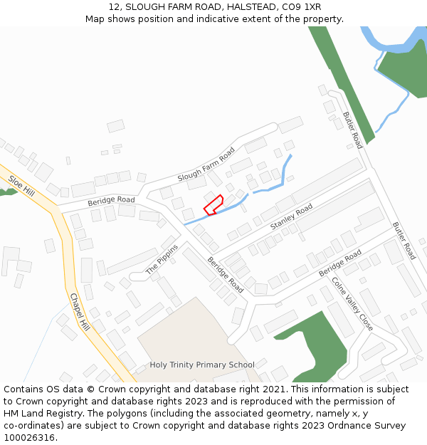 12, SLOUGH FARM ROAD, HALSTEAD, CO9 1XR: Location map and indicative extent of plot