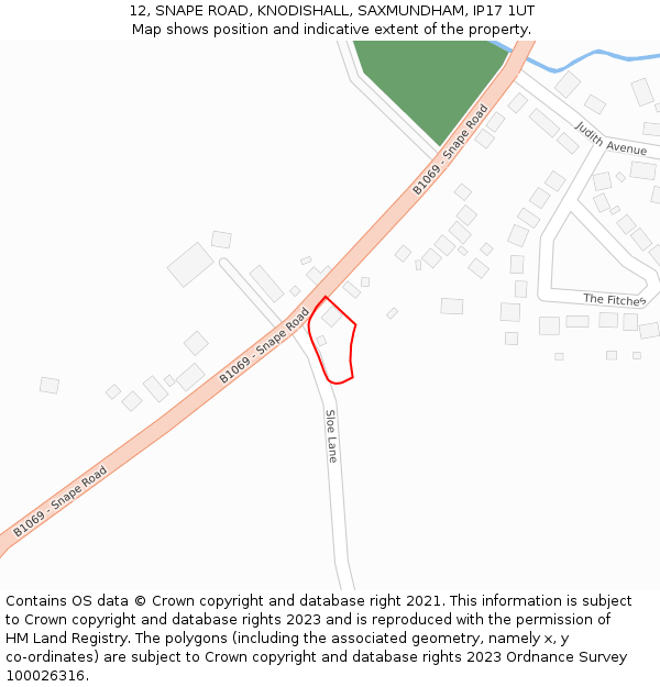 12, SNAPE ROAD, KNODISHALL, SAXMUNDHAM, IP17 1UT: Location map and indicative extent of plot