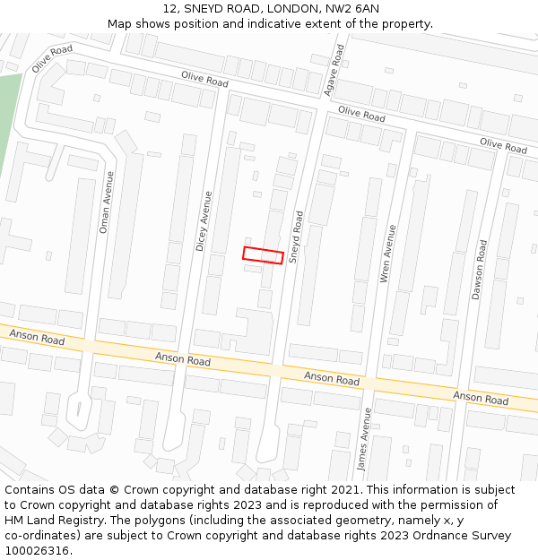 12, SNEYD ROAD, LONDON, NW2 6AN: Location map and indicative extent of plot