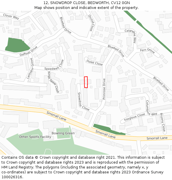 12, SNOWDROP CLOSE, BEDWORTH, CV12 0GN: Location map and indicative extent of plot