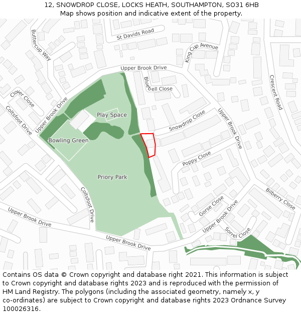 12, SNOWDROP CLOSE, LOCKS HEATH, SOUTHAMPTON, SO31 6HB: Location map and indicative extent of plot