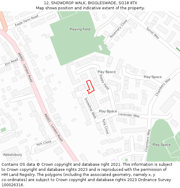 12, SNOWDROP WALK, BIGGLESWADE, SG18 8TX: Location map and indicative extent of plot