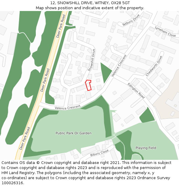 12, SNOWSHILL DRIVE, WITNEY, OX28 5GT: Location map and indicative extent of plot