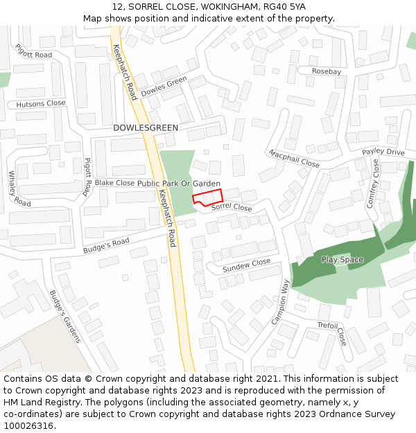 12, SORREL CLOSE, WOKINGHAM, RG40 5YA: Location map and indicative extent of plot