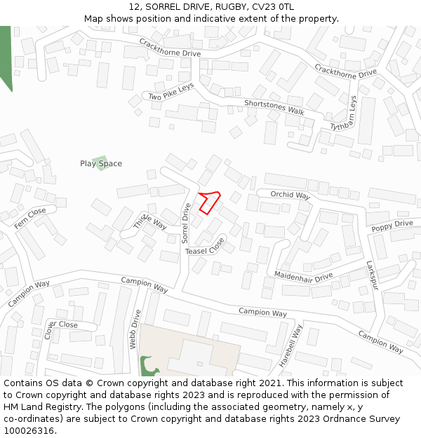 12, SORREL DRIVE, RUGBY, CV23 0TL: Location map and indicative extent of plot