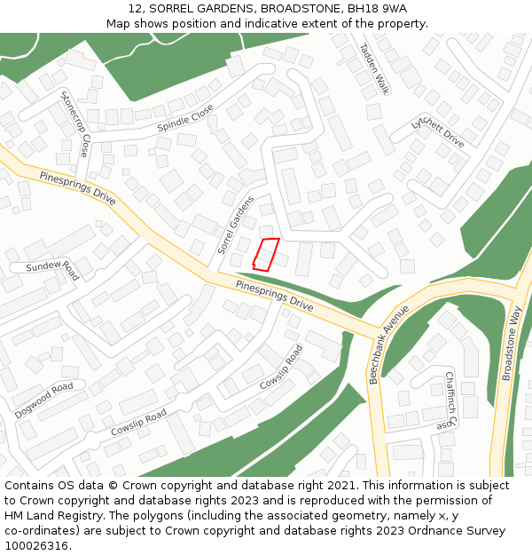 12, SORREL GARDENS, BROADSTONE, BH18 9WA: Location map and indicative extent of plot