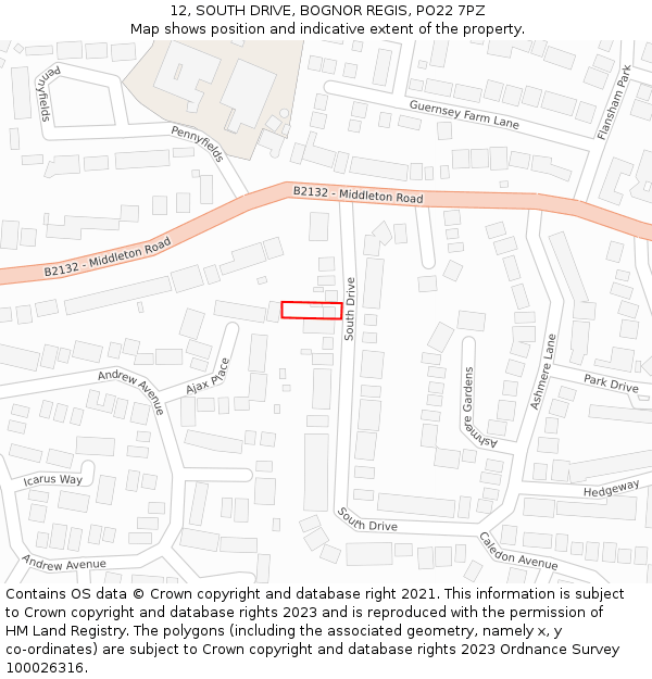 12, SOUTH DRIVE, BOGNOR REGIS, PO22 7PZ: Location map and indicative extent of plot