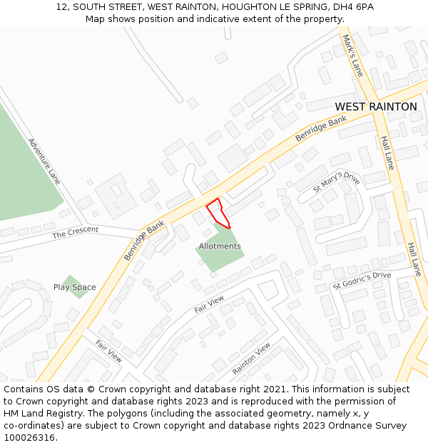 12, SOUTH STREET, WEST RAINTON, HOUGHTON LE SPRING, DH4 6PA: Location map and indicative extent of plot