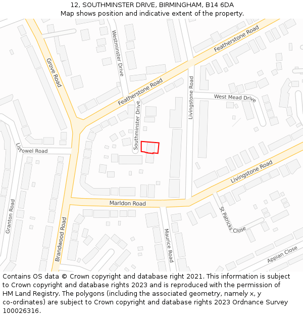 12, SOUTHMINSTER DRIVE, BIRMINGHAM, B14 6DA: Location map and indicative extent of plot