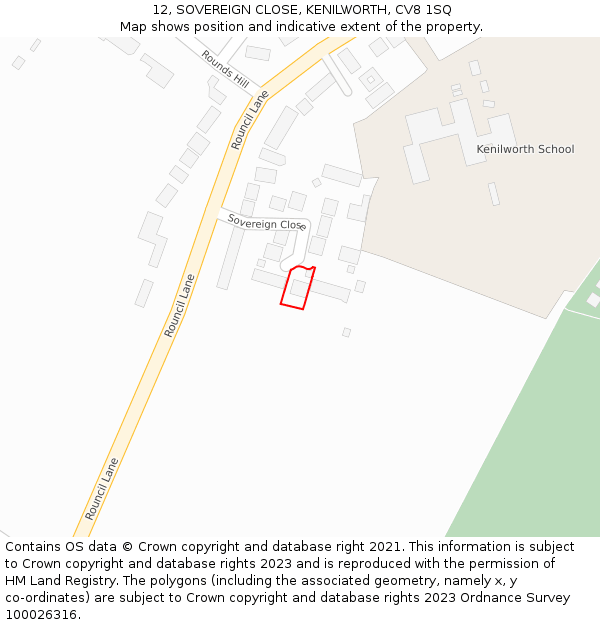 12, SOVEREIGN CLOSE, KENILWORTH, CV8 1SQ: Location map and indicative extent of plot