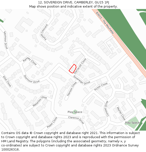 12, SOVEREIGN DRIVE, CAMBERLEY, GU15 1PJ: Location map and indicative extent of plot