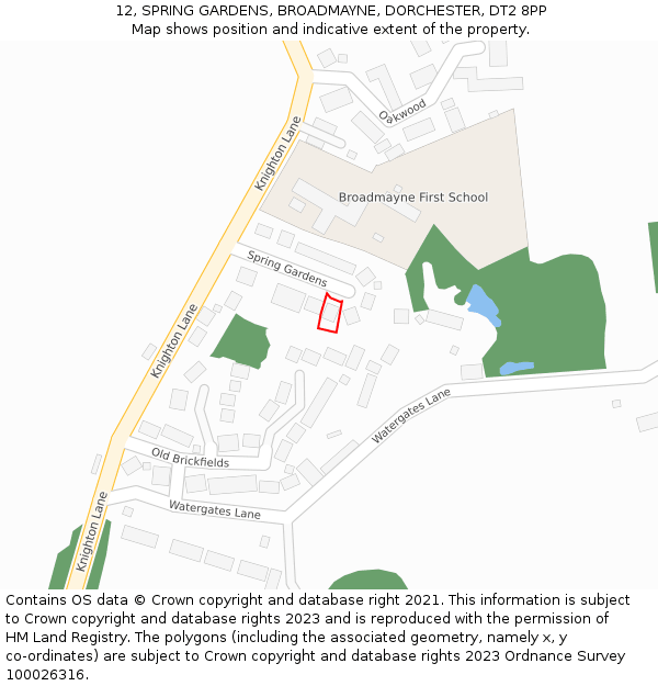 12, SPRING GARDENS, BROADMAYNE, DORCHESTER, DT2 8PP: Location map and indicative extent of plot