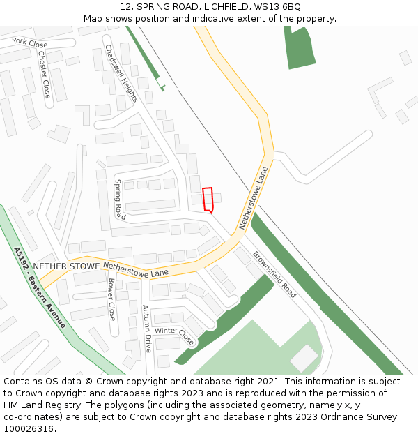 12, SPRING ROAD, LICHFIELD, WS13 6BQ: Location map and indicative extent of plot