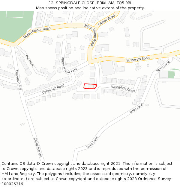 12, SPRINGDALE CLOSE, BRIXHAM, TQ5 9RL: Location map and indicative extent of plot