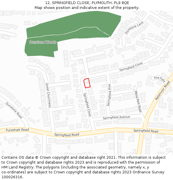 12, SPRINGFIELD CLOSE, PLYMOUTH, PL9 8QE: Location map and indicative extent of plot