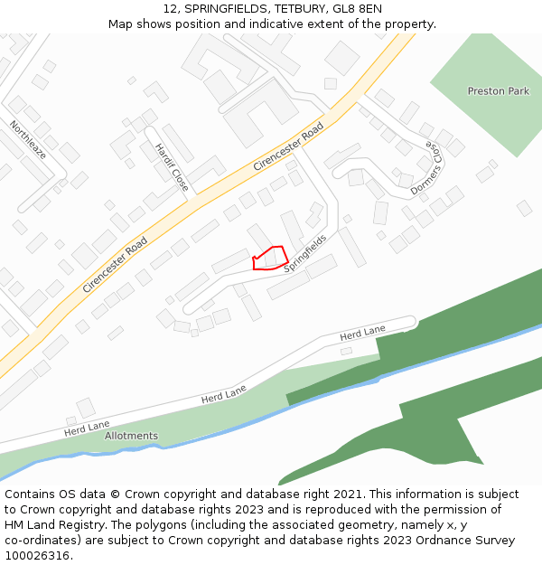 12, SPRINGFIELDS, TETBURY, GL8 8EN: Location map and indicative extent of plot