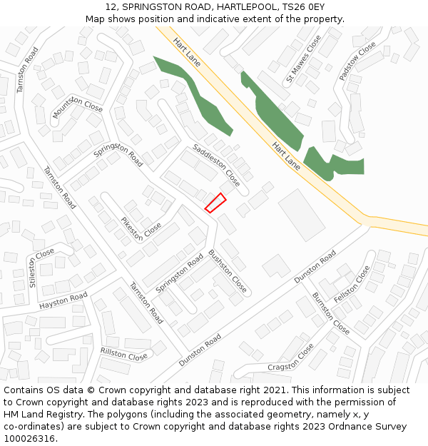 12, SPRINGSTON ROAD, HARTLEPOOL, TS26 0EY: Location map and indicative extent of plot