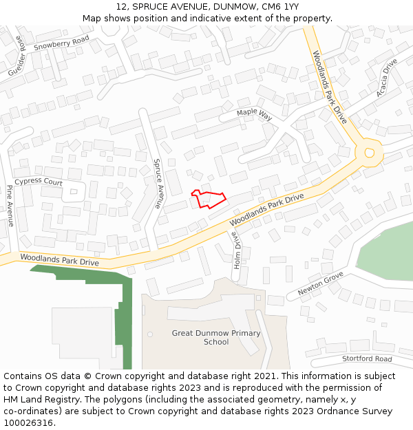 12, SPRUCE AVENUE, DUNMOW, CM6 1YY: Location map and indicative extent of plot