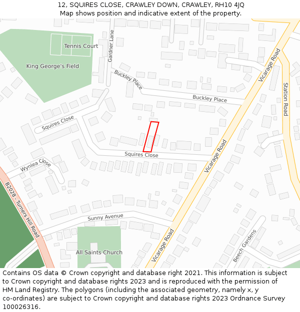 12, SQUIRES CLOSE, CRAWLEY DOWN, CRAWLEY, RH10 4JQ: Location map and indicative extent of plot