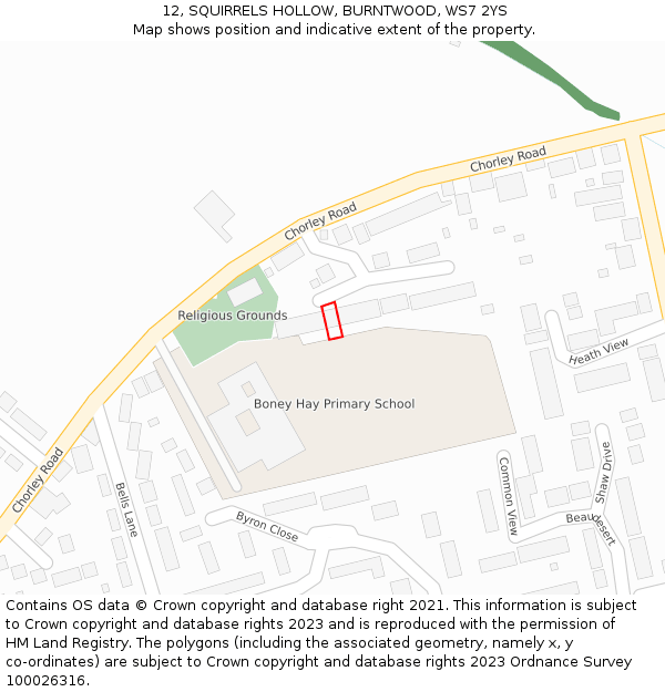 12, SQUIRRELS HOLLOW, BURNTWOOD, WS7 2YS: Location map and indicative extent of plot
