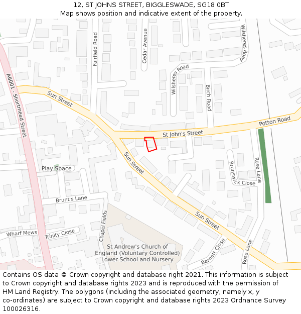 12, ST JOHNS STREET, BIGGLESWADE, SG18 0BT: Location map and indicative extent of plot