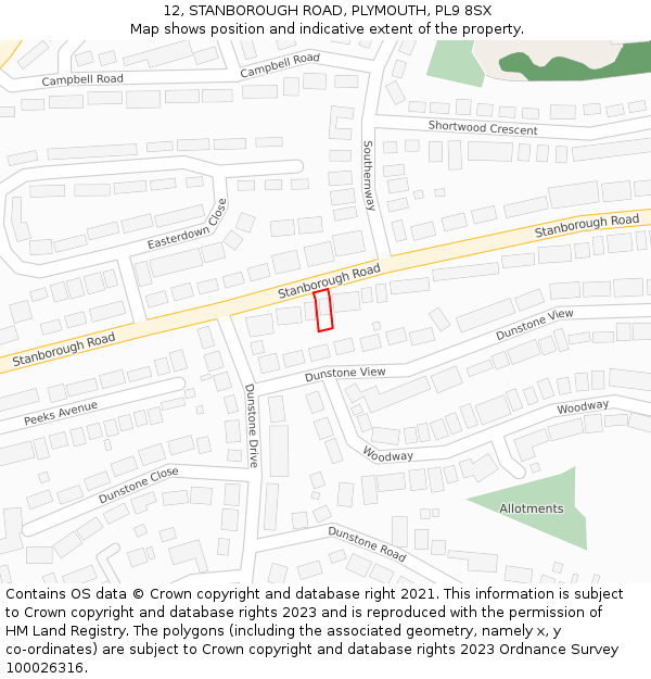 12, STANBOROUGH ROAD, PLYMOUTH, PL9 8SX: Location map and indicative extent of plot