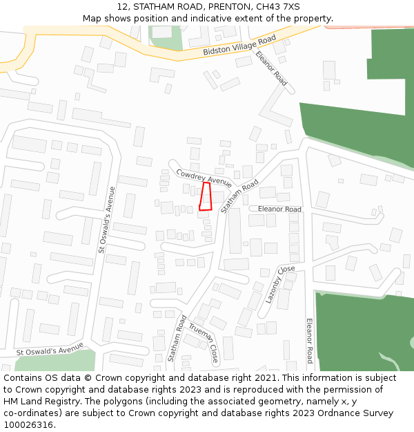 12, STATHAM ROAD, PRENTON, CH43 7XS: Location map and indicative extent of plot