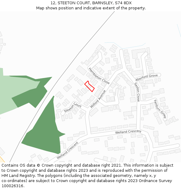 12, STEETON COURT, BARNSLEY, S74 8DX: Location map and indicative extent of plot