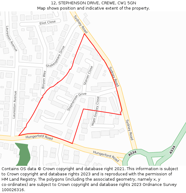 12, STEPHENSON DRIVE, CREWE, CW1 5GN: Location map and indicative extent of plot