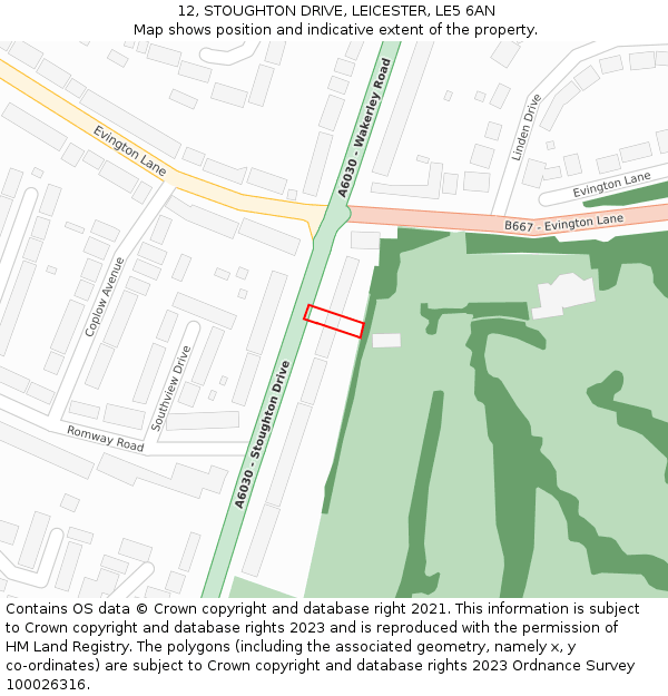 12, STOUGHTON DRIVE, LEICESTER, LE5 6AN: Location map and indicative extent of plot