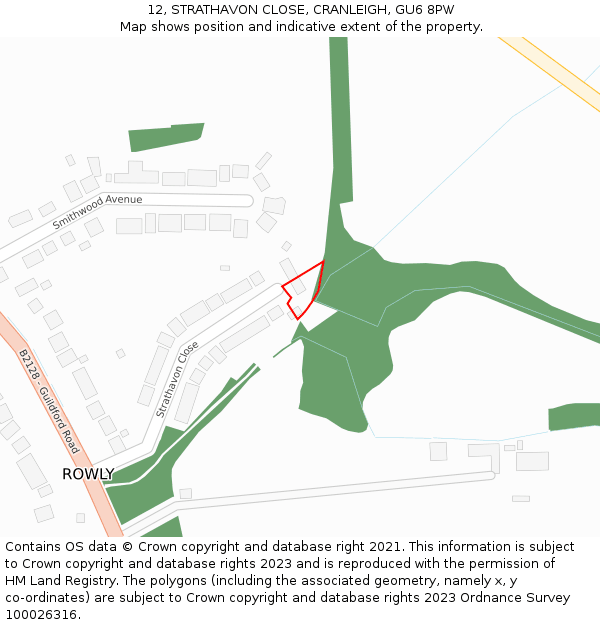 12, STRATHAVON CLOSE, CRANLEIGH, GU6 8PW: Location map and indicative extent of plot