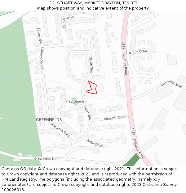 12, STUART WAY, MARKET DRAYTON, TF9 3TT: Location map and indicative extent of plot