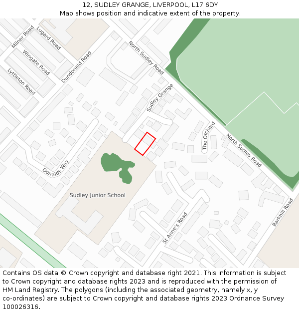 12, SUDLEY GRANGE, LIVERPOOL, L17 6DY: Location map and indicative extent of plot