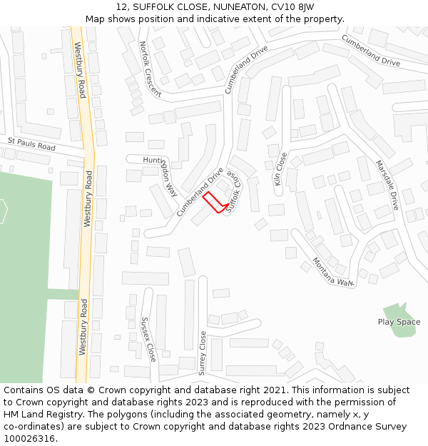 12, SUFFOLK CLOSE, NUNEATON, CV10 8JW: Location map and indicative extent of plot