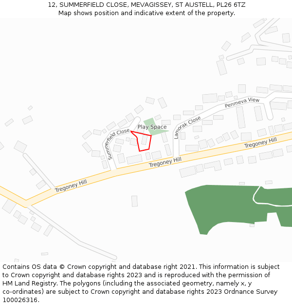 12, SUMMERFIELD CLOSE, MEVAGISSEY, ST AUSTELL, PL26 6TZ: Location map and indicative extent of plot