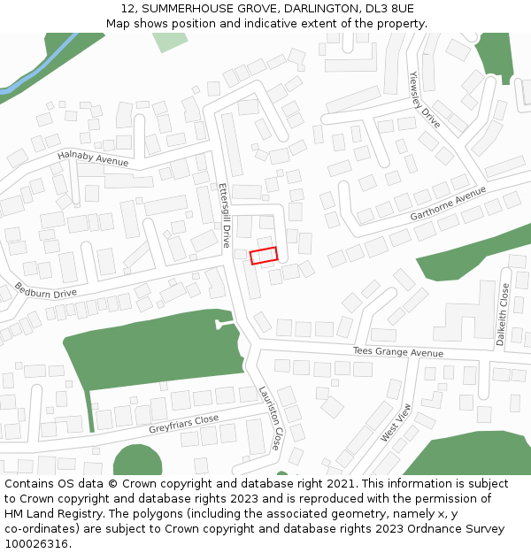 12, SUMMERHOUSE GROVE, DARLINGTON, DL3 8UE: Location map and indicative extent of plot