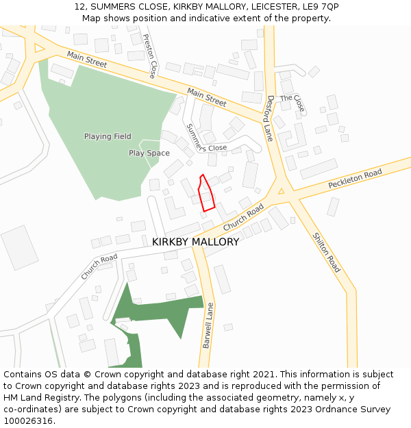 12, SUMMERS CLOSE, KIRKBY MALLORY, LEICESTER, LE9 7QP: Location map and indicative extent of plot