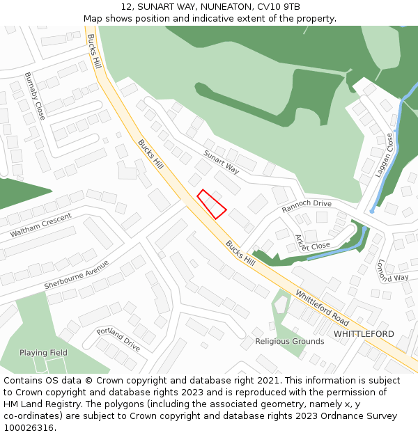 12, SUNART WAY, NUNEATON, CV10 9TB: Location map and indicative extent of plot