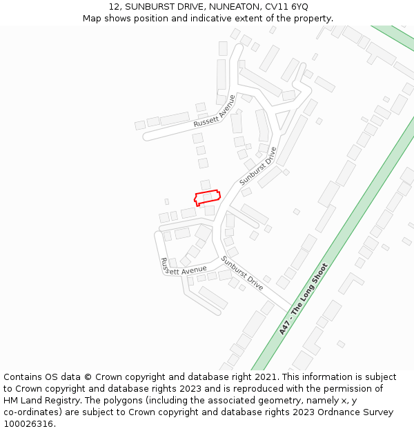 12, SUNBURST DRIVE, NUNEATON, CV11 6YQ: Location map and indicative extent of plot