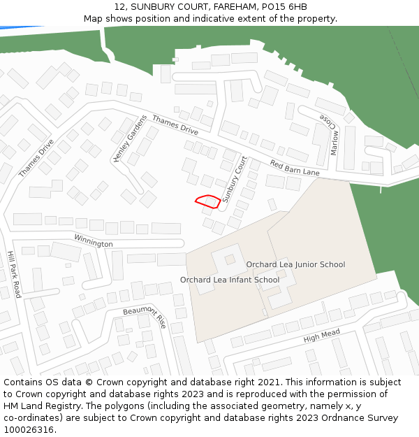 12, SUNBURY COURT, FAREHAM, PO15 6HB: Location map and indicative extent of plot