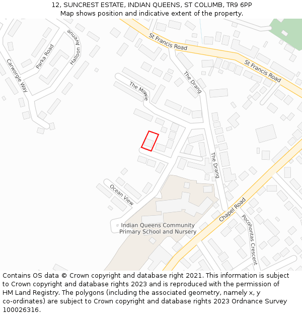 12, SUNCREST ESTATE, INDIAN QUEENS, ST COLUMB, TR9 6PP: Location map and indicative extent of plot