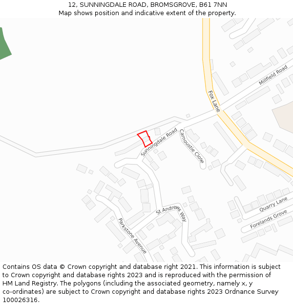 12, SUNNINGDALE ROAD, BROMSGROVE, B61 7NN: Location map and indicative extent of plot