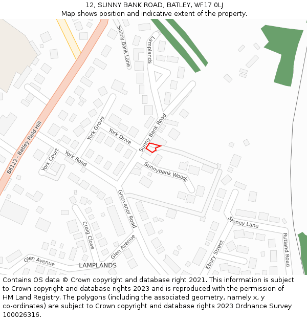 12, SUNNY BANK ROAD, BATLEY, WF17 0LJ: Location map and indicative extent of plot