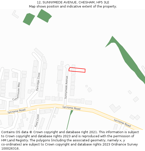 12, SUNNYMEDE AVENUE, CHESHAM, HP5 3LE: Location map and indicative extent of plot